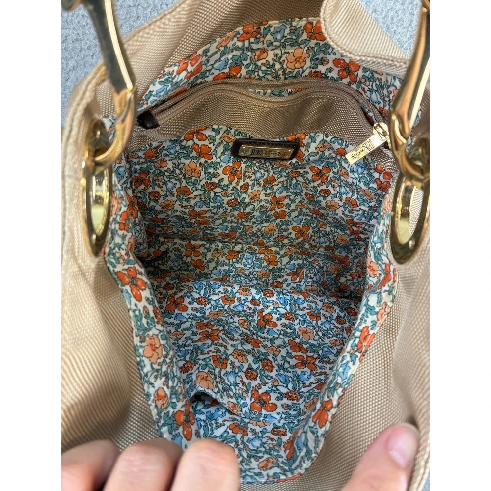 JPK Paris 75 Shoulder Bag Womens Medium Gold Canvas Leather Strap Floral